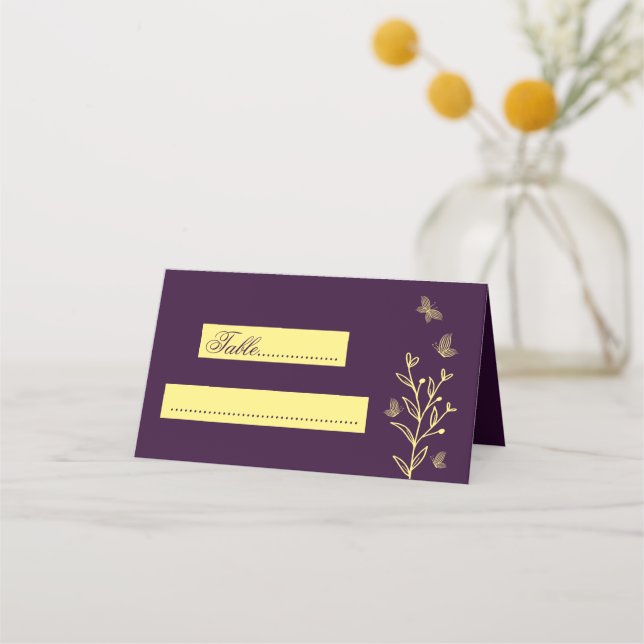 Simple gold flowers purple wedding place card (Front)