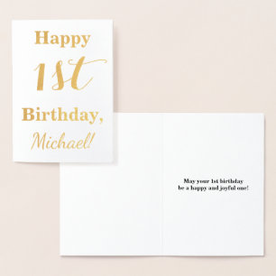 Simple Gold Foil 1st Birthday + Custom Name Card