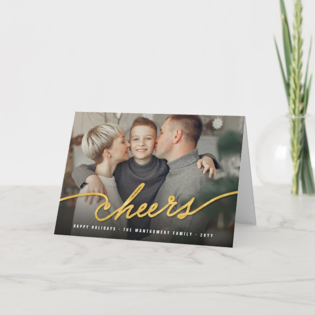 Simple Gold Foil Cheers Calligraphy Script Photo Holiday Card (Front)