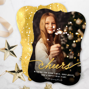 Simple Gold Foil Cheers Calligraphy Script Photo Holiday Card