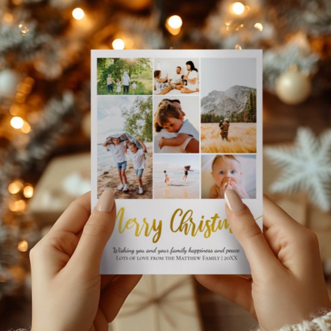 Simple Gold Foil Christmas Family Photo Collage Holiday Postcard (Creator Uploaded)