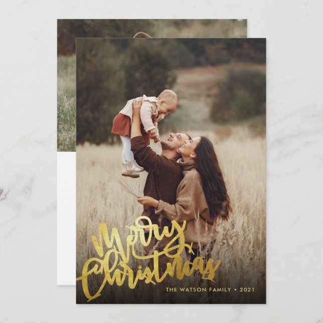Simple Gold Foil Script Merry Christmas 2 Photo Holiday Card (Front/Back)