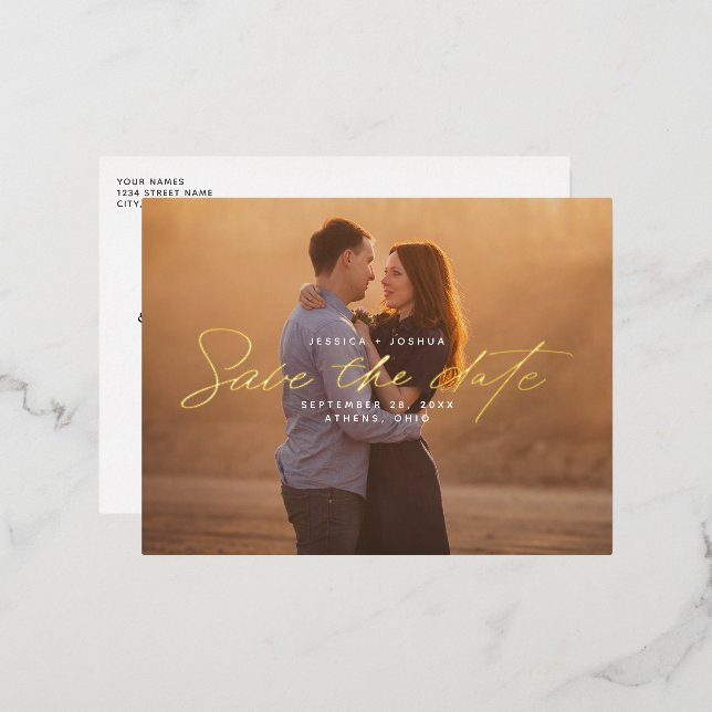 Simple Gold Foil Script Overlay Save the Date Foil Invitation Postcard (Front/Back)
