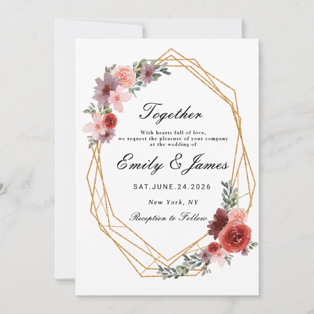simple gold frame chic Watercolor Floral  wedding Invitation (Front)