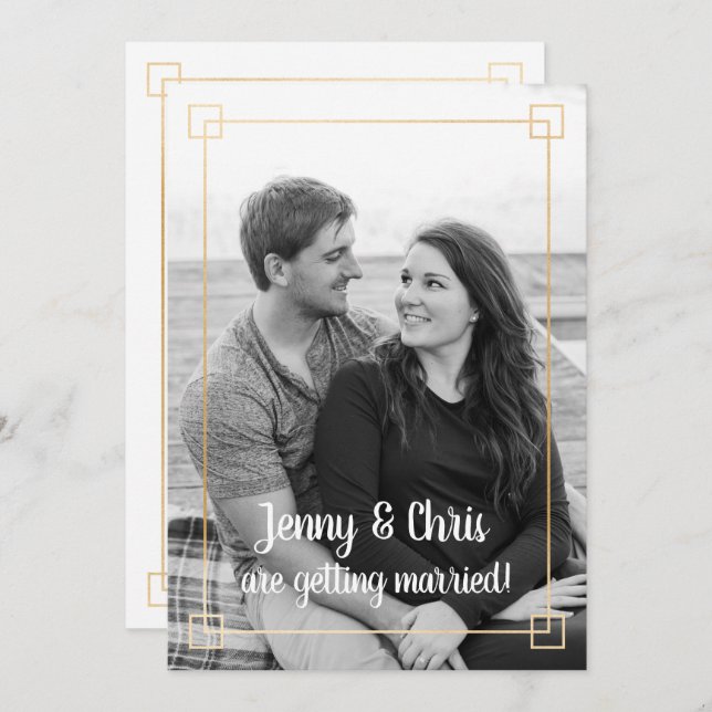 Simple gold frame photo wedding celebration invite (Front/Back)
