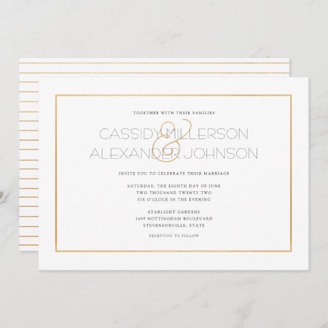 Simple gold frame wedding invitations - clean (Front/Back)
