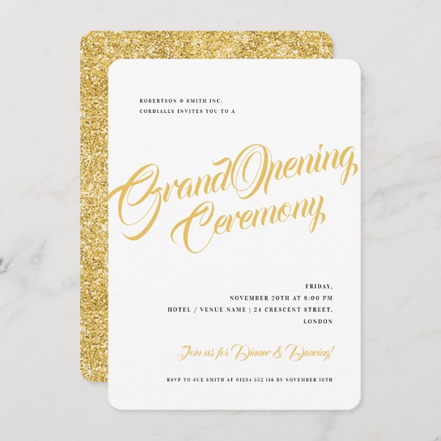 Simple Gold Glitter Corporate Grand Opening  Invit Invitation (Front/Back)