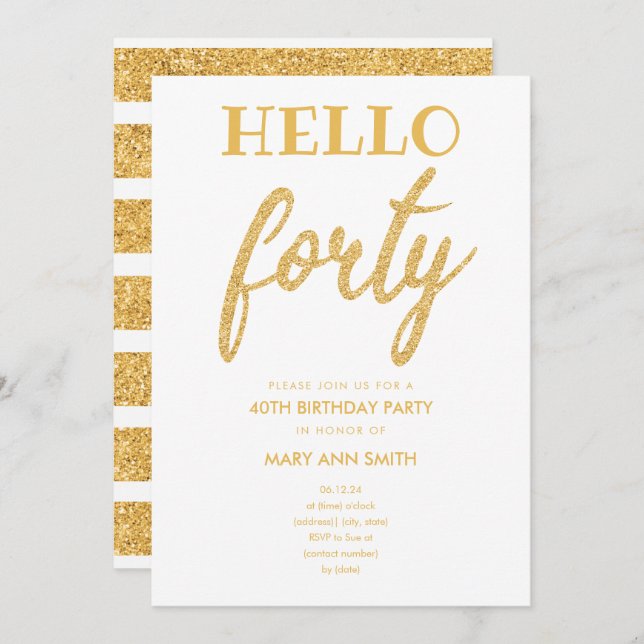 Simple Gold Glitter "Hello Forty" Birthday Party Invitation (Front/Back)