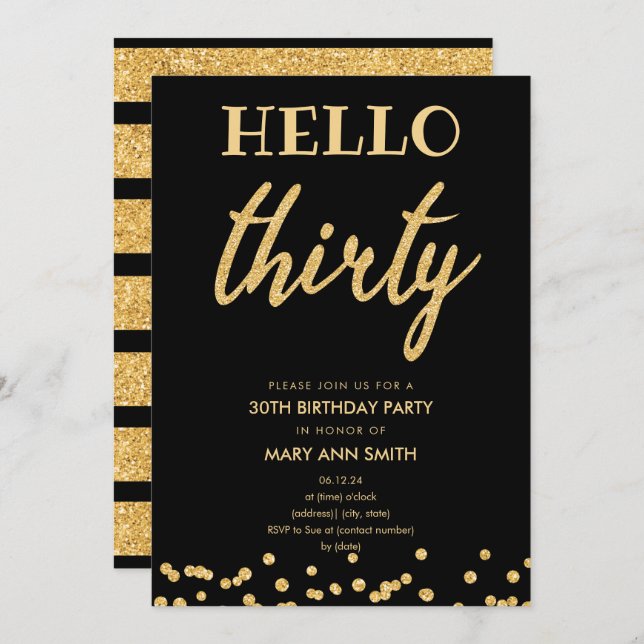 Simple Gold Glitter "Hello Thirty" Birthday Party Invitation (Front/Back)