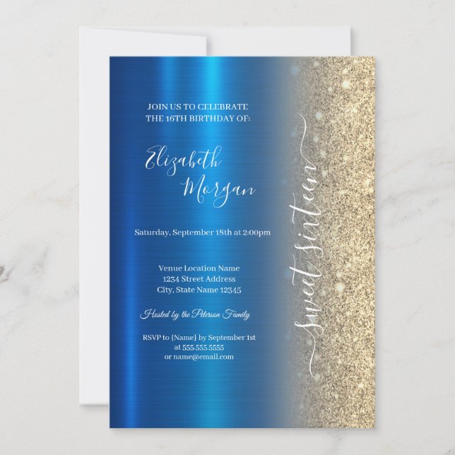 Simple Gold Glitter Metallic Blue Sweet 16 Invitation (Front)