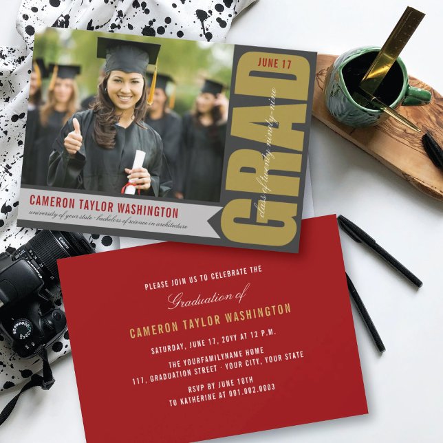 Simple Gold GRAD Overlay Modern Graduation Party Invitation (Creator Uploaded)