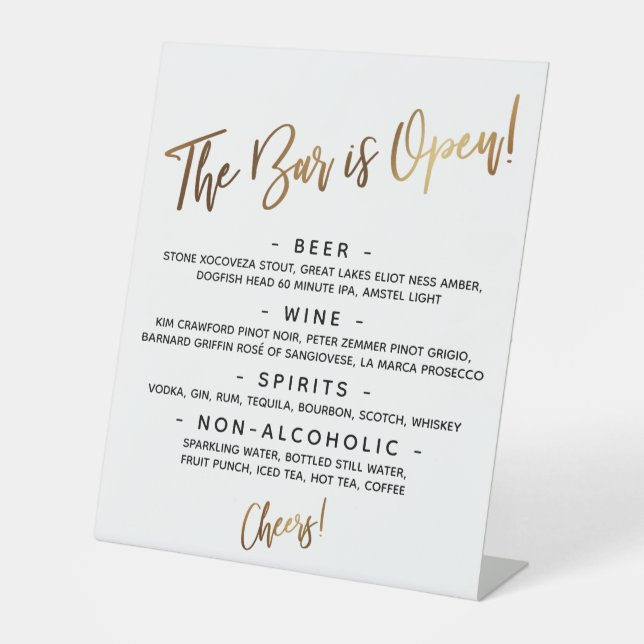 Simple Gold Handwriting Open Bar Menu Sign (Front)
