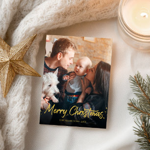 Simple Gold Handwritten Photo Merry Christmas Postcard