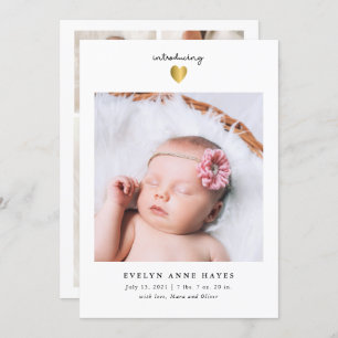Simple Gold Heart Baby Photo Birth Announcement