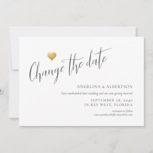 Simple Gold Heart Change the Date Wedding Announcement