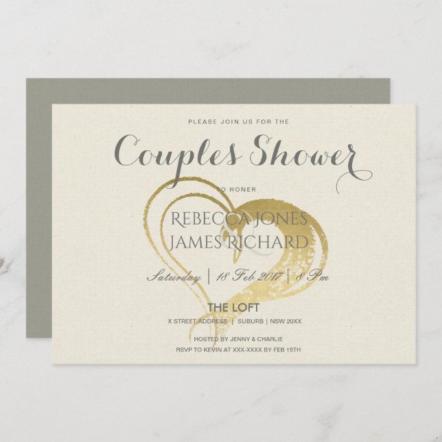 SIMPLE GOLD HEART TYPOGRAPHY COUPLES SHOWER INVITATION (Front/Back)