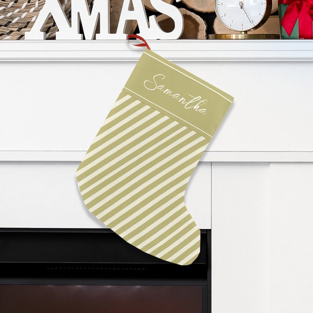 Simple Gold Holiday Stripes Calligraphy Script  Small Christmas Stocking (Simple gold striped holiday Christmas stocking. )