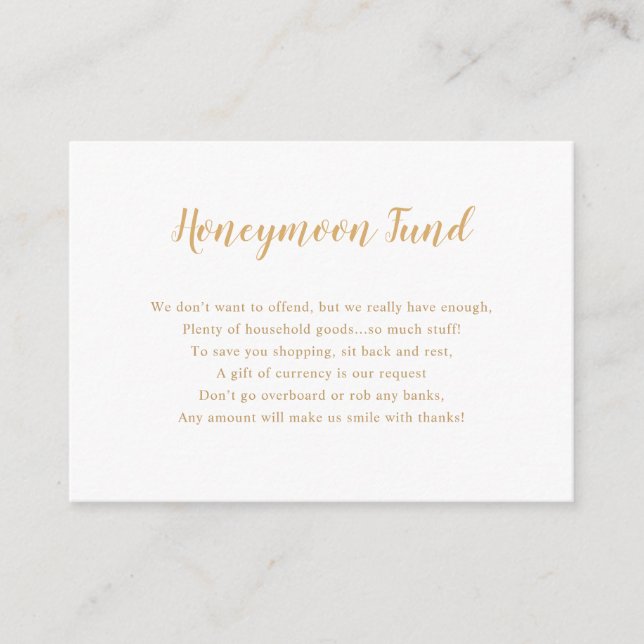 Simple Gold Honeymoon Fund bridal shower Enclosure Card (Front)