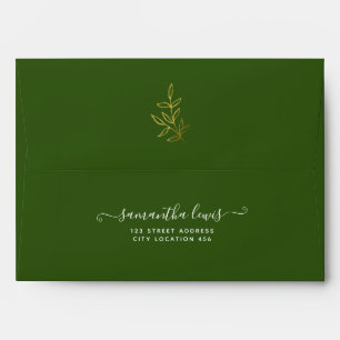 Simple Gold Leaves Forest Green Wedding Envelope