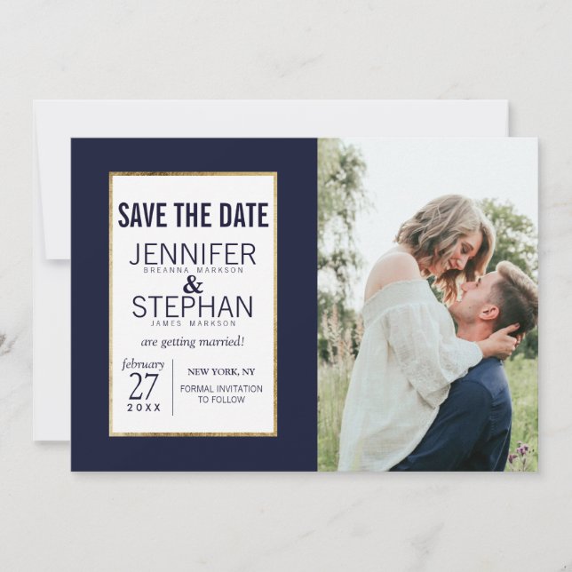 Simple Gold Lined Navy Blue Save the Dates Date (Front)