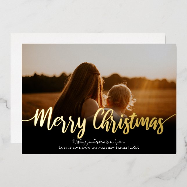 Simple Gold Merry Christmas Family Photo Holiday (Front/Back)