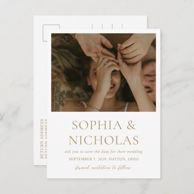 Simple Gold Modern Photo Wedding Save the Date Announcement Postcard (Front/Back)
