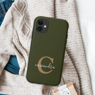 Simple Gold Monogram Script Name Forest Green Case-Mate iPhone Case
