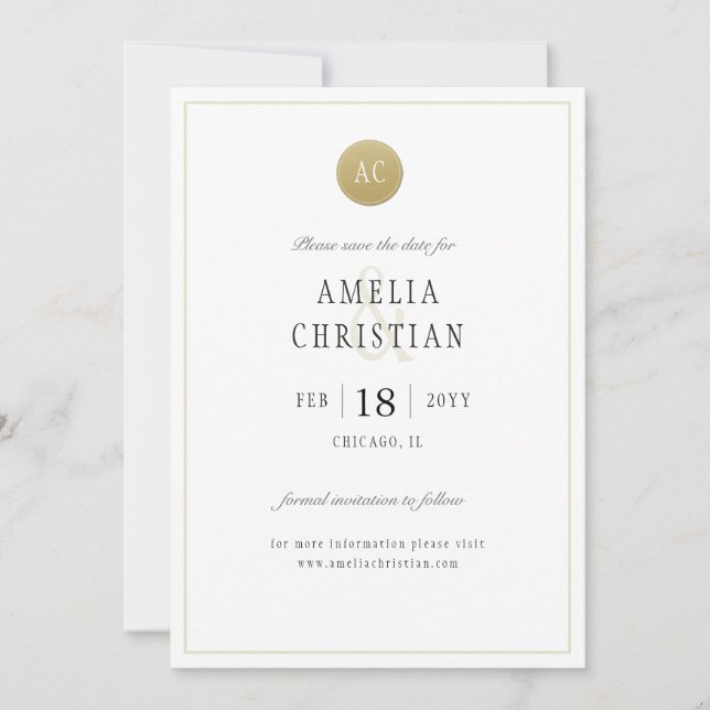 Simple Gold Monogram Wedding Save the Date card (Front)