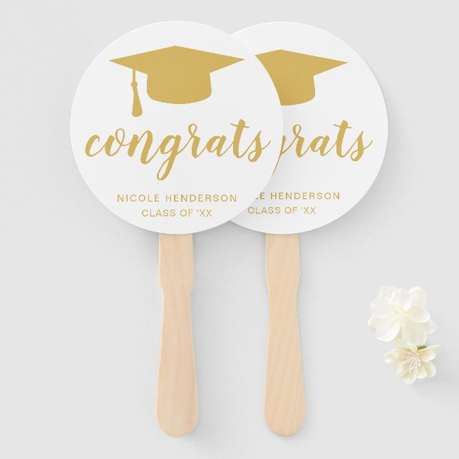 Simple Gold Mortar Board Elegant Graduation Hand Fan (Front and Back)