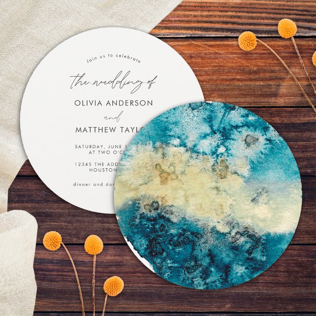 Simple Gold Navy Blue Unique Watercolor Wedding Invitation (Front/Back)