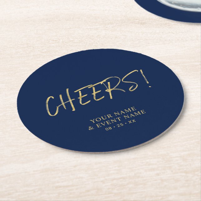 Simple Gold & Navy Cheers Adult Birthday Party Round Paper Coaster (Angled)