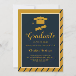 Simple gold navy grad cap chic stylish graduation announcement
