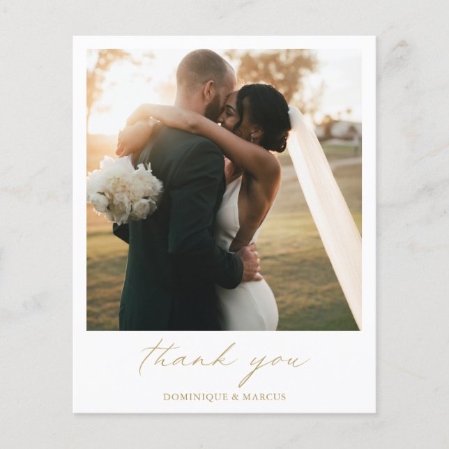 Simple Gold Photo Budget Wedding Thank You Card (Front)