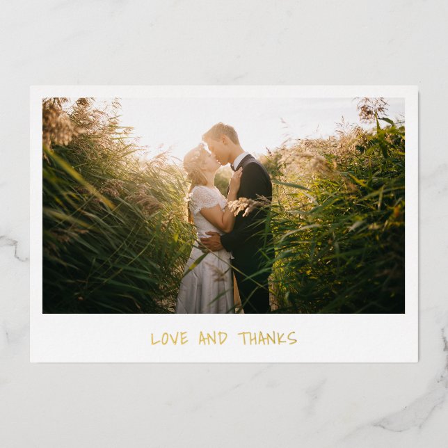 Simple Gold Photo Wedding Thank You Card (Front)