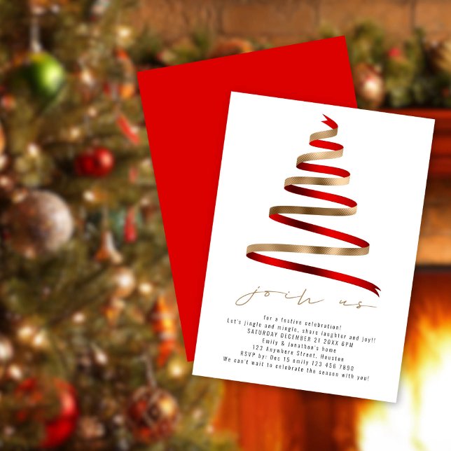 Simple Gold Red Tree Christmas Party Invitation (Front and back view)