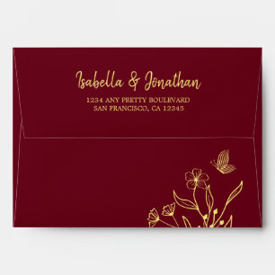 Simple gold return address burgundy wedding envelope