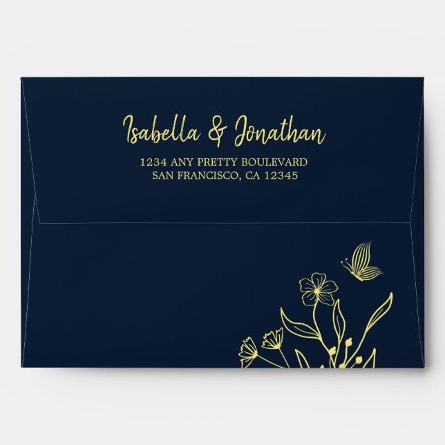 Simple gold return address navy wedding envelope (Back (Top Flap))
