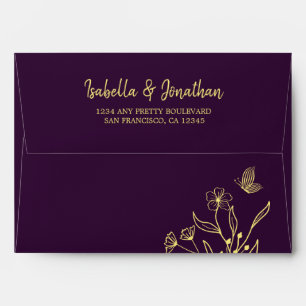 Simple gold return address purple wedding envelope