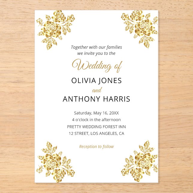 Simple Gold Roses Elegant Modern Floral Wedding  Acrylic Invitations (Front)