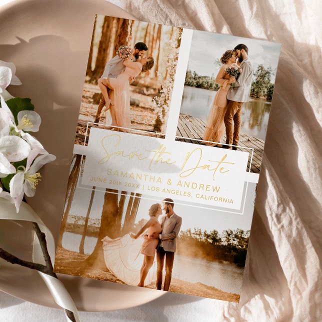 Simple gold save the date 3 photo grid collage (Creator Uploaded)