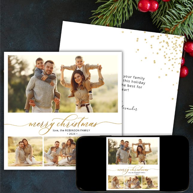 Simple Gold Script 4 Multi Photo Christmas Holiday Card (Creator Uploaded)