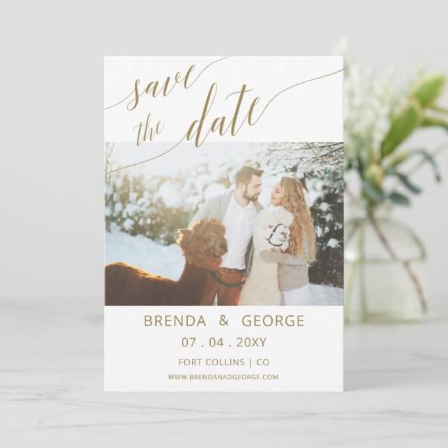 Simple Gold Script Calligraphy Elegant Photo Save The Date (Standing Front)