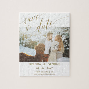 Simple Gold Script Calligraphy Photo Save The Date Jigsaw Puzzle