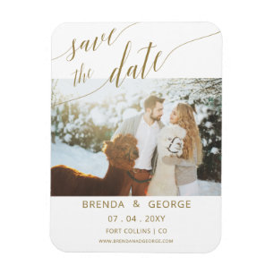 Simple Gold Script Calligraphy Photo Save The Date Magnet