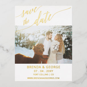 Simple Gold Script Calligraphy Save The Date Photo Foil Invitation Postcard