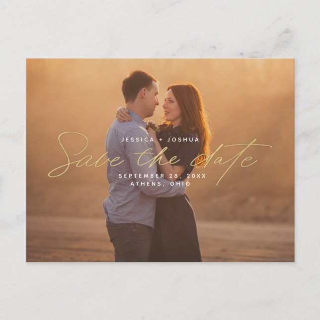 Simple Gold Script Overlay Photo Save the Date Postcard (Front)
