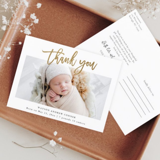 Simple Gold Script Photo Baby Thank You Postcard (Elegant and modern script gold thank you baby photo thank you card and birth announcement.)