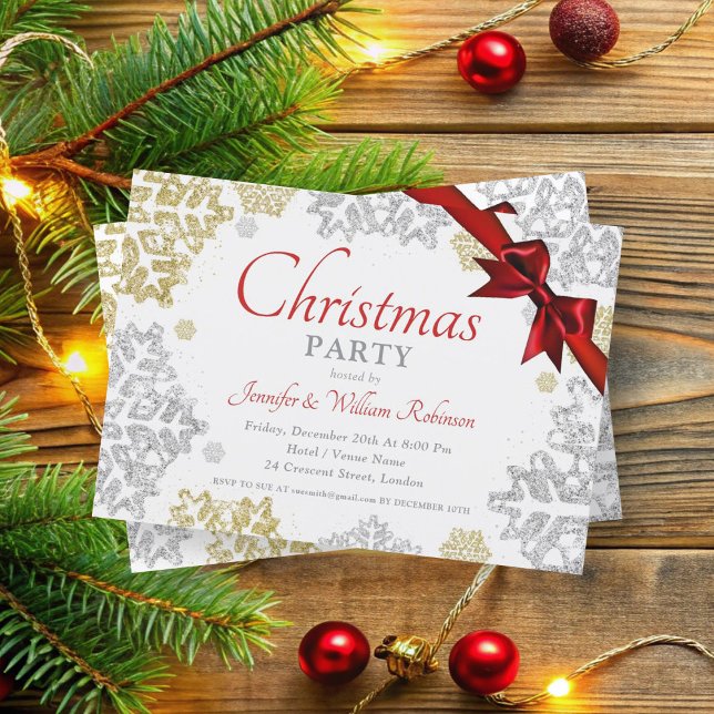 Simple Gold & Silver Snowflakes Xmas Holiday  Invitation (Simple Gold & Silver Snowflakes Xmas Holiday Invitation)