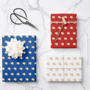 Simple Gold Star on Blue, Red, White, Background Wrapping Paper Sheet