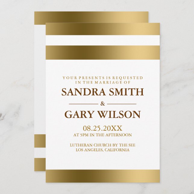 Simple Gold Stripes Over White Background Wedding Invitation (Front/Back)